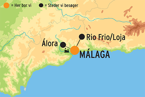 Kort over storbyrejsen til Málaga